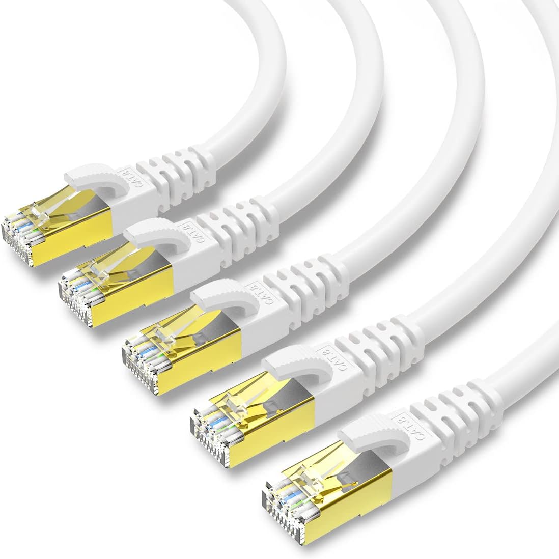 KASIMO CAT 8 Ethernet Cable Shielded SFTP Internet Network Patch Cord, Heavy Duty High Speed LAN Cables w Gold Plated RJ45 Connector Professional for Router, Modem, Gaming(10 Feet, 5 Pack White)