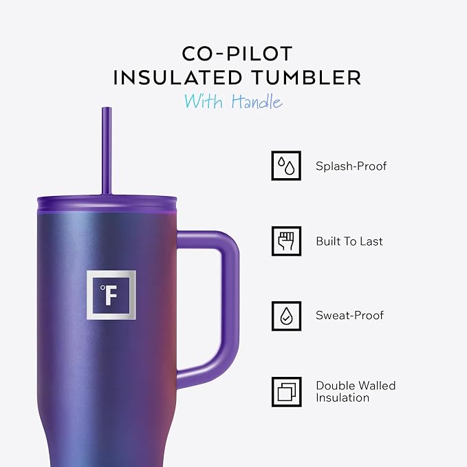 IRON °FLASK Co-Pilot Insulated Mug w/Straw & Flip Cap Lids - Cup Holder Bottle for Hot, Cold Drink - Leak-Proof - Water, Coffee Portable Travel Mug - Twilight Blue, 40 Oz