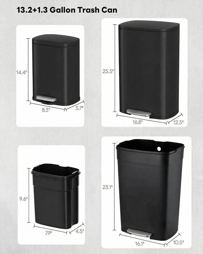 ComfyCorner 13.2+1.3 Gallon Trash Can Combo Set, Stainless Steel Garbage Bin with Pedal, Removable Inner Waste Bucket, Anti-Fingerprint, Soft-Close Locking Lid Dustbin for Kitchen, Bathroom, Office