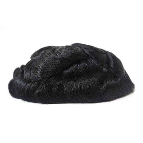 Toupee for Men Human Hair Mens Toupee Mono Base with Lace Front Hair Units Curly Wave Mens Wigs Toupee Hair Real Human Replacement System for Man Freestyle Natural Wig #1B Off Black (6x8")