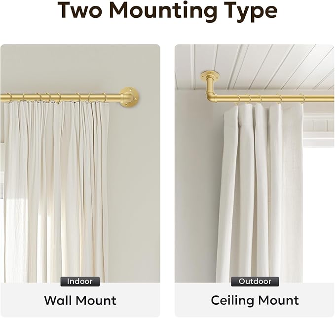 Zeerobee Curtain Rods for Windows 32 to 48, 1 Inch Industrial Wrap Around Gold Curtain Rod, Indoor/Outdoor Room Divider Adjustable Drapery Pole, 32"-48"