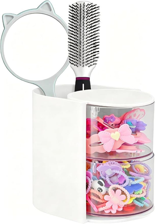 Hair Accessories Organizer with Hair Brush Holder, Rotatable Makeup Brush and Jewelry Storage Box for Hair Clips, Earrings, Necklaces, Bracelets, Rings, and Daily Accessories (White, 2-Layer)