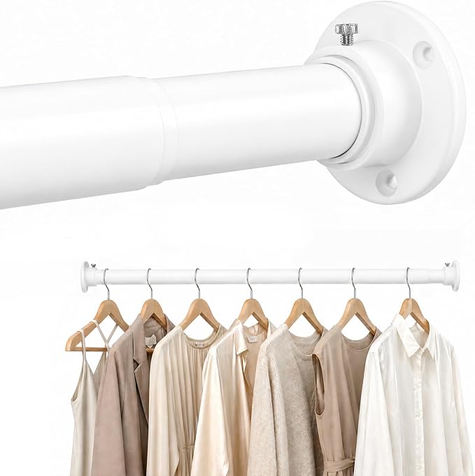 Closet Rod Adjustable 17 to 38 Inch, 1-1/4” Diameter, Closet Rods for Hanging Clothes, Stepless Metal Heavy Duty Hanging Rod for Closet Wardrobes Laundry RV (White)