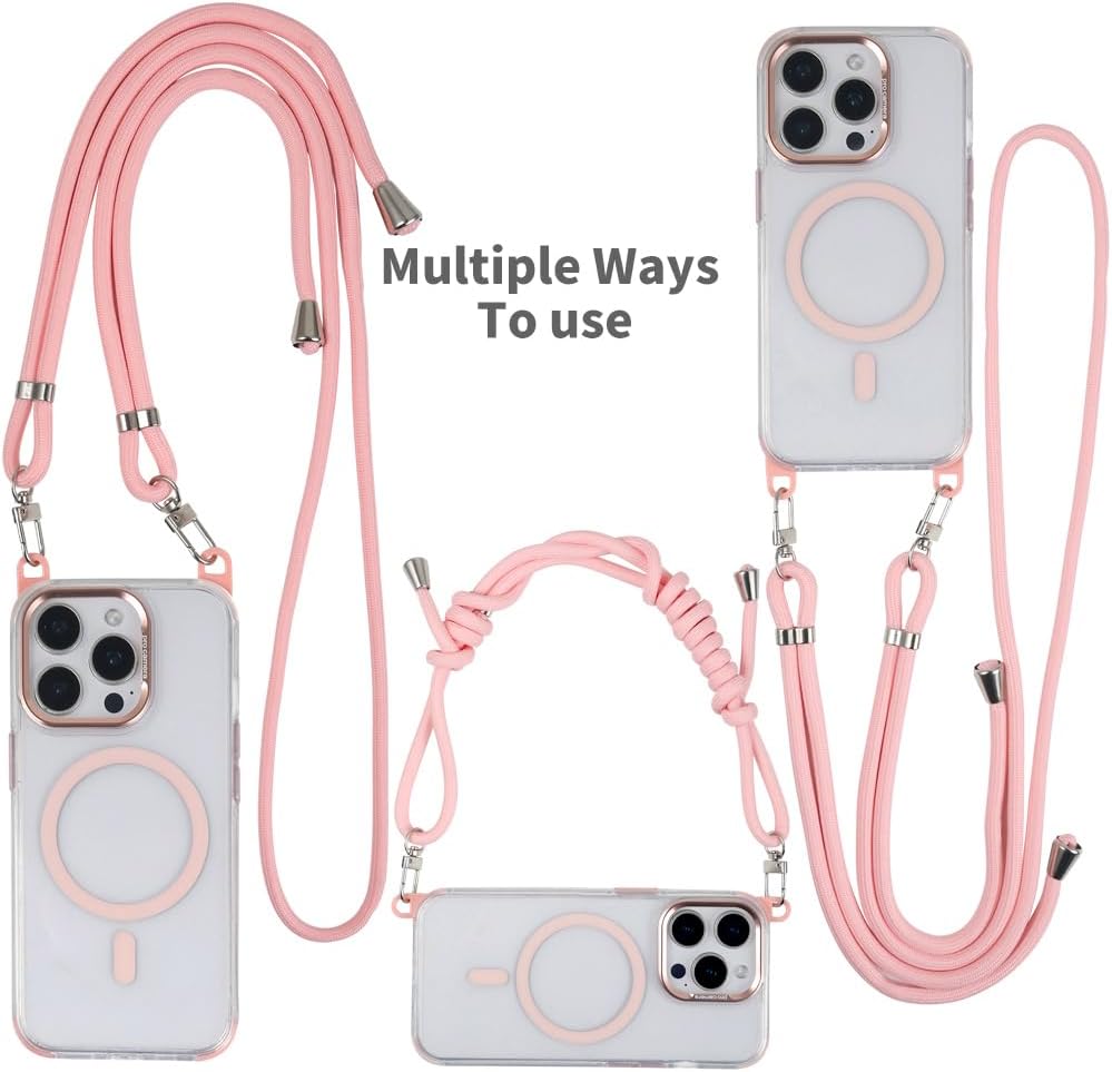 for iPhone 15 Pro Max Case with 62.99 inch Lanyard, Classic Clear&Pink Magnetic Phone Case, Drop&Shockproof Protection Cases, Phone Holder Lanyard, Compatible with Magnet Accessory