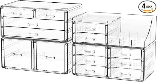 Cq acrylic Make Up Organizers for Vanity With 14 Drawers, 4 Pack Clear Drawer Organizers,Plastic Cute Desk Accessories Organization and Bathroom Organizers Storage Case Box Cube for Beauty,Skin Care