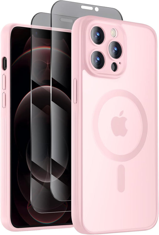 Designed for iPhone 12 Pro Case, Compatible with MagSafe, with Privacy Screen Protectors X2, [Camera Protection] [15FT Military Drop Protection] Shockproof Phone Case, 6.1", Pink