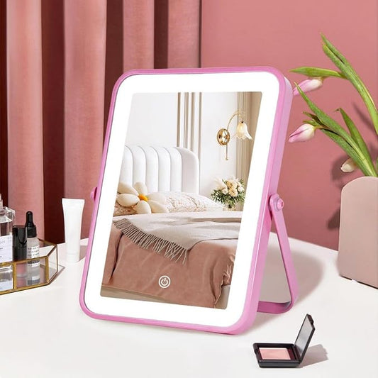 YEKKOPT Pink Rechargeable Vanity Mirror with Lights, 10"×7" LED Makeup Mirror with Lights, Smart Touch Control Dimmable 3 Modes Light, Lighted Up Mirror for Makeup Desk, Bedroom, Dressing Room