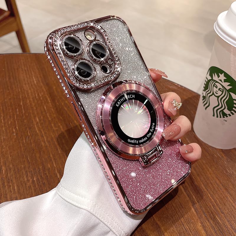 Magnetic Kickstand (Glitter Lens Protector ) Case for iPhone 15 14 13 12 Pro Max (Compatible with Magsafe ) Sparkling Diamond Cover Glitter Shiny Rhinestone Cases (Pink,for iPhone 14 Pro Max)