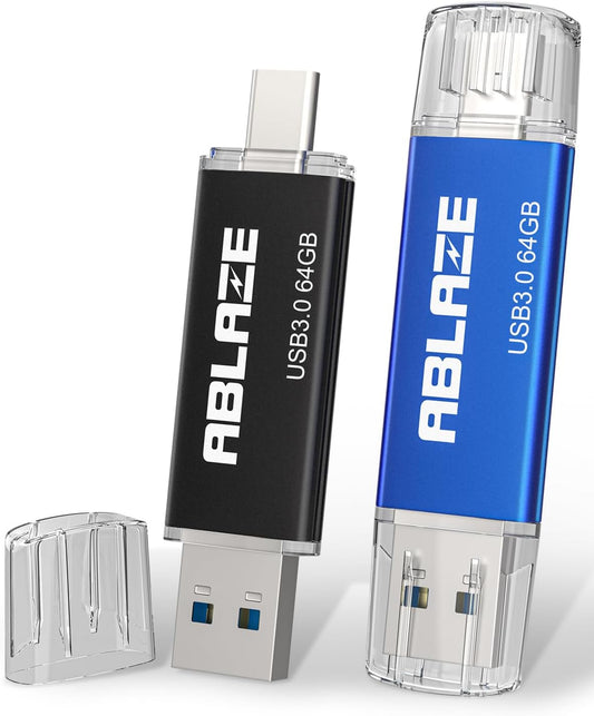 ABLAZE USB C Flash Drive 64GB 2 Pack, Dual USB 3.0+Type C Flash Drive Compatible with iPhone 16/15, Android Smartphone, Computer,Tablet Mac Laptop (2 Pack)