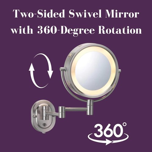 JERDON Wall-Mounted Makeup Mirror with 5X Magnification - Nickel Makeup Mirror with LED Lights - Plug in - HL65N