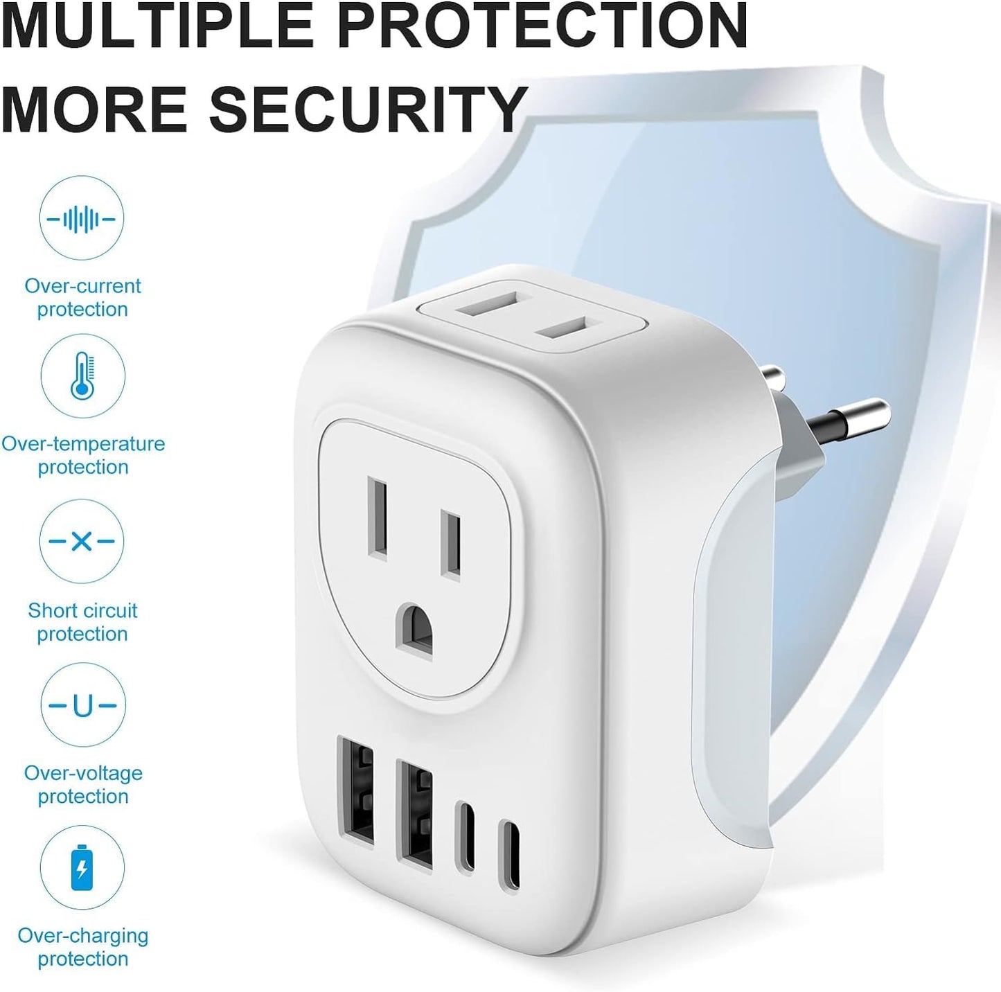 2 Pack European Travel Plug Adapter, VYLEE International Travel Adapter with 2 Outlets 4 USB Ports(2 USB C), 6 in 1 Type C Travel Essentials Charger for US to Most of Europe EU Italy Spain France