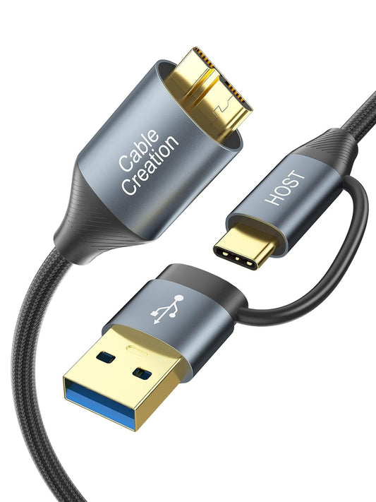 CableCreation USB C Hard Drive Cable 3FT, 5Gbps USB A/C to Micro B, USB 3.0 Cable Compatible with iPhone 15 Plus/15 Pro Max, WD, External Hard Drive, and Camera, Grey
