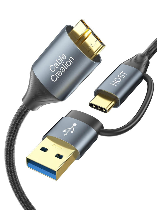 CableCreation USB C Hard Drive Cable 2FT, 5Gbps USB A/C to Micro B, USB 3.0 Cable Compatible with iPhone 15 Plus/15 Pro Max, WD, External Hard Drive, and Camera, Grey