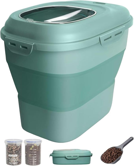 32-35 Lbs Dog Food Storage Container Collapsible Dog Food Container with Airtight Lids, Wheels, Scoop and 2pcs Food Storage Containers, Large Pet food storage for Dog, Cat