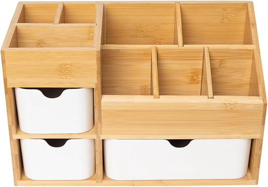 Bamboo Makeup Organizer with 3 Drawers, Dresser Cosmetic Organizer Box,Bamboo Desk Organizer for Home with Adjustable Dividers（11.5x5.4in）