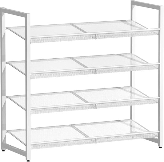4 Tier Metal Shoe Organizer, Stackable Shoe Stand for Closet, with Adjustable Flat, Holds up to 20 Pairs, Sturdy Shoe Rack for Entryway Bedroom, White