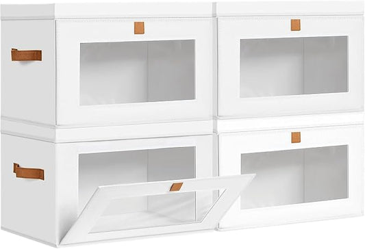 DIMJ Storage Bins with Lids - 4 Pack Large Fabric Closet Organizer with Window & Handles, Collapsible Decorative Storage Boxes for Shelves Under Bed, Books Clothes Blankets Sweaters Organization