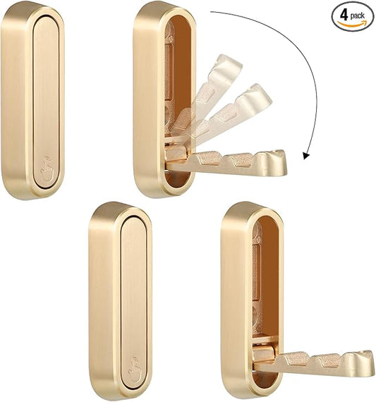 Dntorx Foldable Wall Hook, 40 lbs Heavy Duty Screw Mounted, Aluminum Alloy Flip-Down Gold Coat Hook, Space-Saving Folding Wall Hanger for Bathroom Bedroom Entryway Closet, Includes Screws (4 Pack)