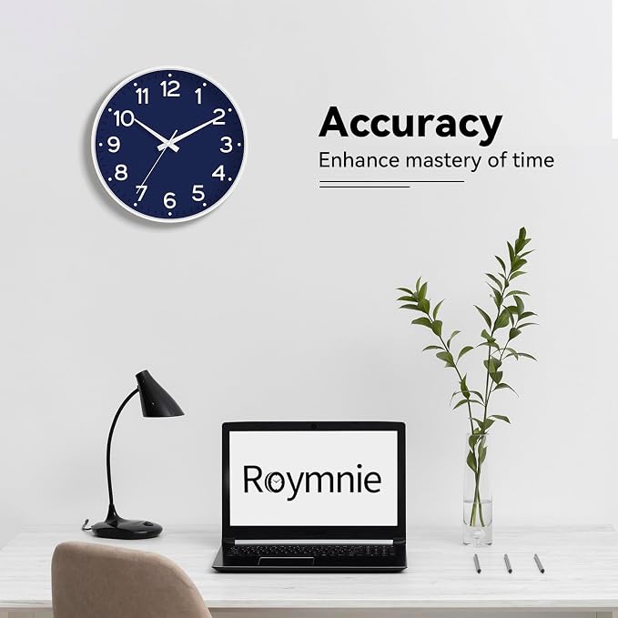 Roymnie Wall Clock 12 Inch Silent Wall Clocks Battery Operated- Modern Non Ticking Analog Clock Decorative for Living Room Bedroom Office Kitchen(Navy Blue)