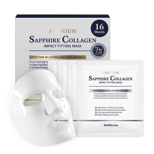 WELLDERMA Sapphire Collagen Impact Hydrogel Fitting Mask, 25g x 16 Sheets – Hydrating & Firming Micro-Hole Sheet Mask with Collagen Water 850,294ppm, Niacinamide & Peptides
