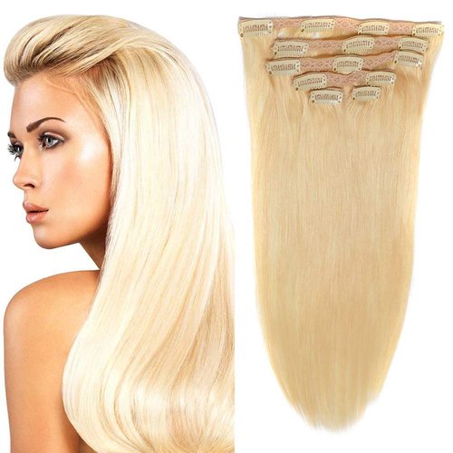 20"Clip in Hair Extensions Real Human Hair Double Weft Thick to Ends Bleach Blonde(#613) 6pieces 70grams/2.45oz