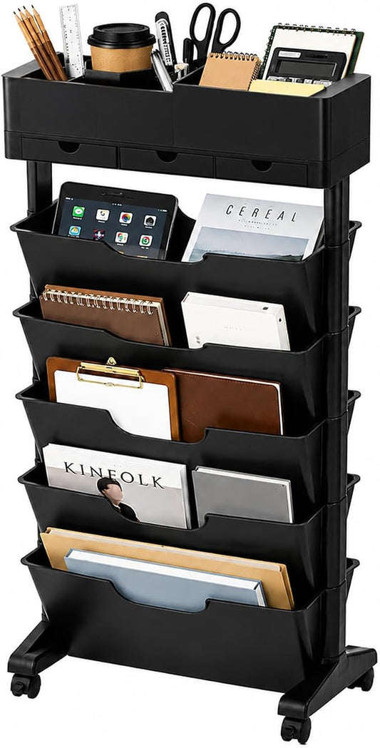 5 Tier Rolling Utility Cart Multi-Functional Movable Storage Book Shelves with Lockable Casters for Study Office Kitchen Classroom, White (Black, with Wheel)
