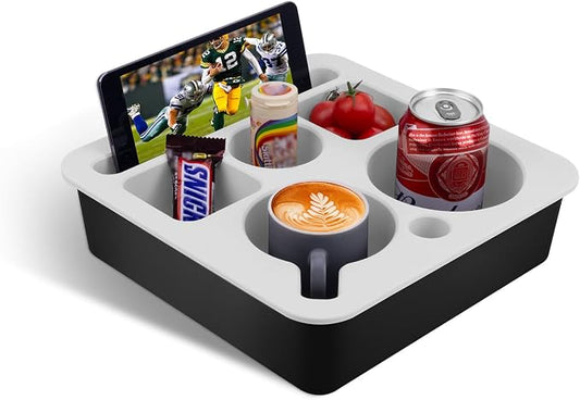 Couch Cup Holder Tray, Bonfixe Stable Couch Caddy for Bed and Sofa, Upgraded Capacity Health-Friendly Silicone Anti-Spill Drink Holder Organizer for Snacks Beverage (Black-White)