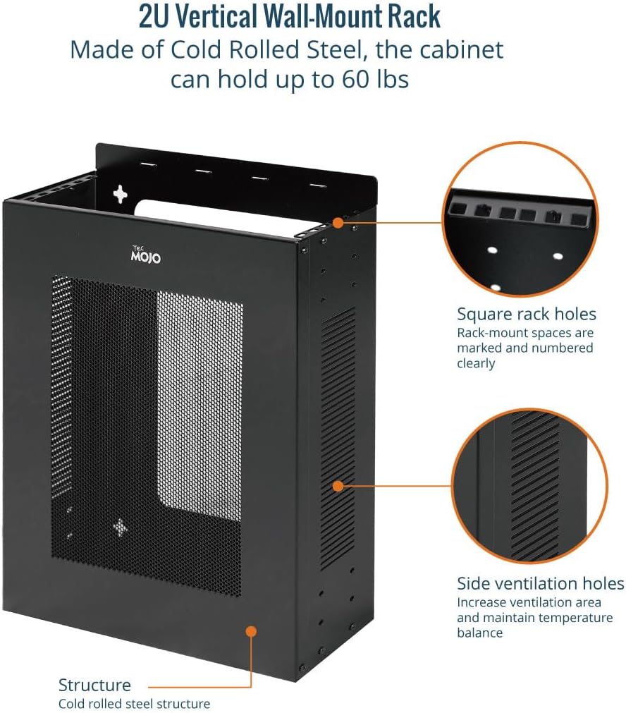 Tecmojo 2U Vertical/Horizontal Wall Mountable Server Rack, with Vented Enclosure for 19" IT Equipment, Cable Modems, Telecom, A/V, Black