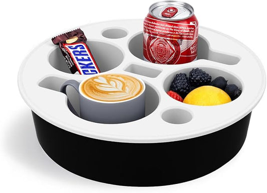 Couch Cup Holder Tray Round, 4-Cups Bedside Drink Holder for Elderly/Pregnancy, Stable Non-Spill Silicone Couch Caddy for Remote Control, Glasses‌, Snacks, Phones‌ (Black-White)