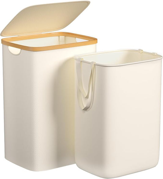 Foluck Large Laundry Hamper, 75L Waterproof Laundry Basket with Lid and Removable Bag, Collapsible Tall Clothes Hamper with Bamboo Handles for Clothes Toys in Dorm Bedroom Bathroom, Beige, ZYL201-W
