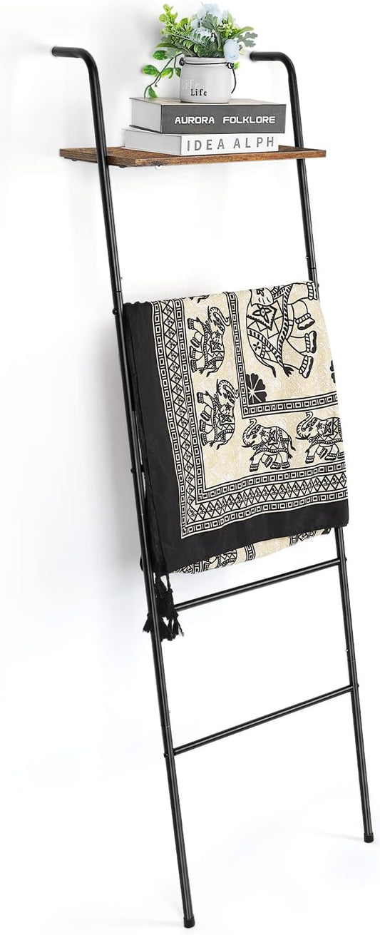 Vrisa Blanket Ladder Wall Leaning Blanket Rack Farmhouse 5-Tier Metal Blanket Holder with Shelf Bath Towel Storage for Bathroom Quilt Bedroom Living Room Pool Black