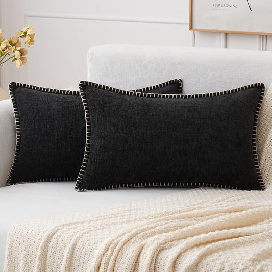 MIULEE Pack of 2 Lumbar Throw Pillow Covers 12x20 Inch Black Farmhouse Decorative Pillow Covers with Stitched Edge Soft Chenille Solid Dyed Pillow Covers for Couch Sofa Bed Living Room