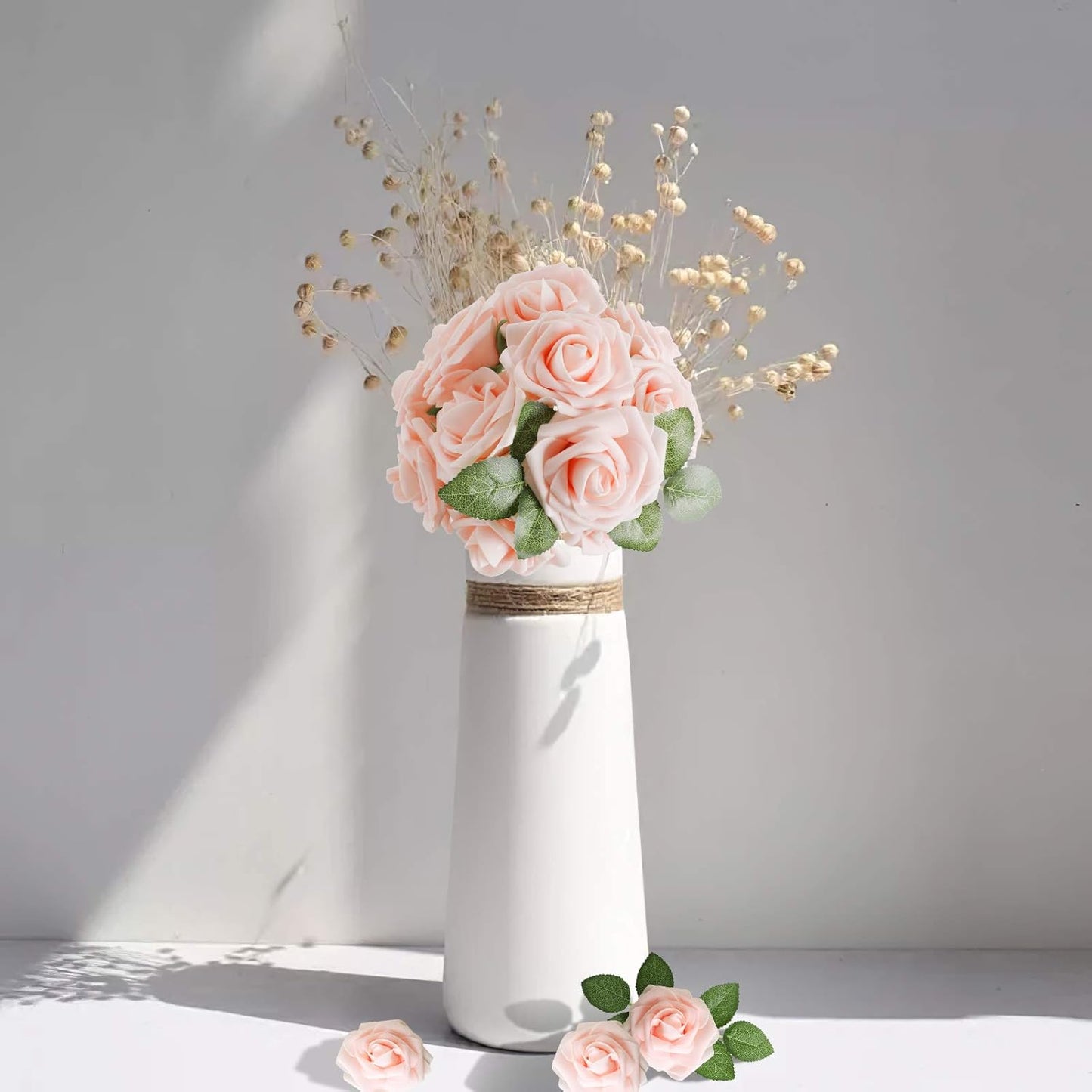 AmyHomie Artificial Flower Blush Pink Rose 50pcs Real Looking Fake Roses w/Stem for DIY Wedding Bouquets Centerpieces Arrangements Party Baby Shower Home Decorations