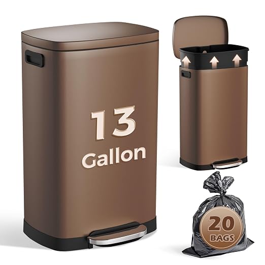 ELPHECO LPHECO Kitchen Trash Can with Lid Soft Close, 13 Gallon / 50L Stainless Steel Pedal Garbage Can, Heavy-Duty Step Wastebasket with 20 Bags, Removable Bucket, Home Office, Kitchen, Brown