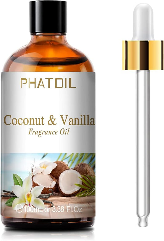 PHATOIL 3.38FL.OZ Coconut & Vanilla Fragrance Oils for Aromatherapy, Long Lasting Scented Oils for Home, Perfect for Diffuser, Yoga, DIY Candle and Soap Making - 100ml