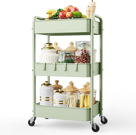 LEHOM 3 Tier Rolling Cart, Metal Rolling Utility Cart with Lockable Wheels & Hooks, Multi-Functional Heavy Duty Storage Cart Organizer for Bathroom, Kitchen, Office, Living Room