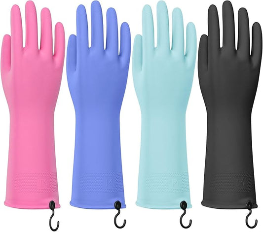 4 Pairs Rubber Dishwashing Gloves with Hanging Hooks - Reusable Cleaning Gloves for Kitchen & Household, Non-Slip, Durable and Flexible (Large, 4 Colors: Black, Pink, Blue, Purple)