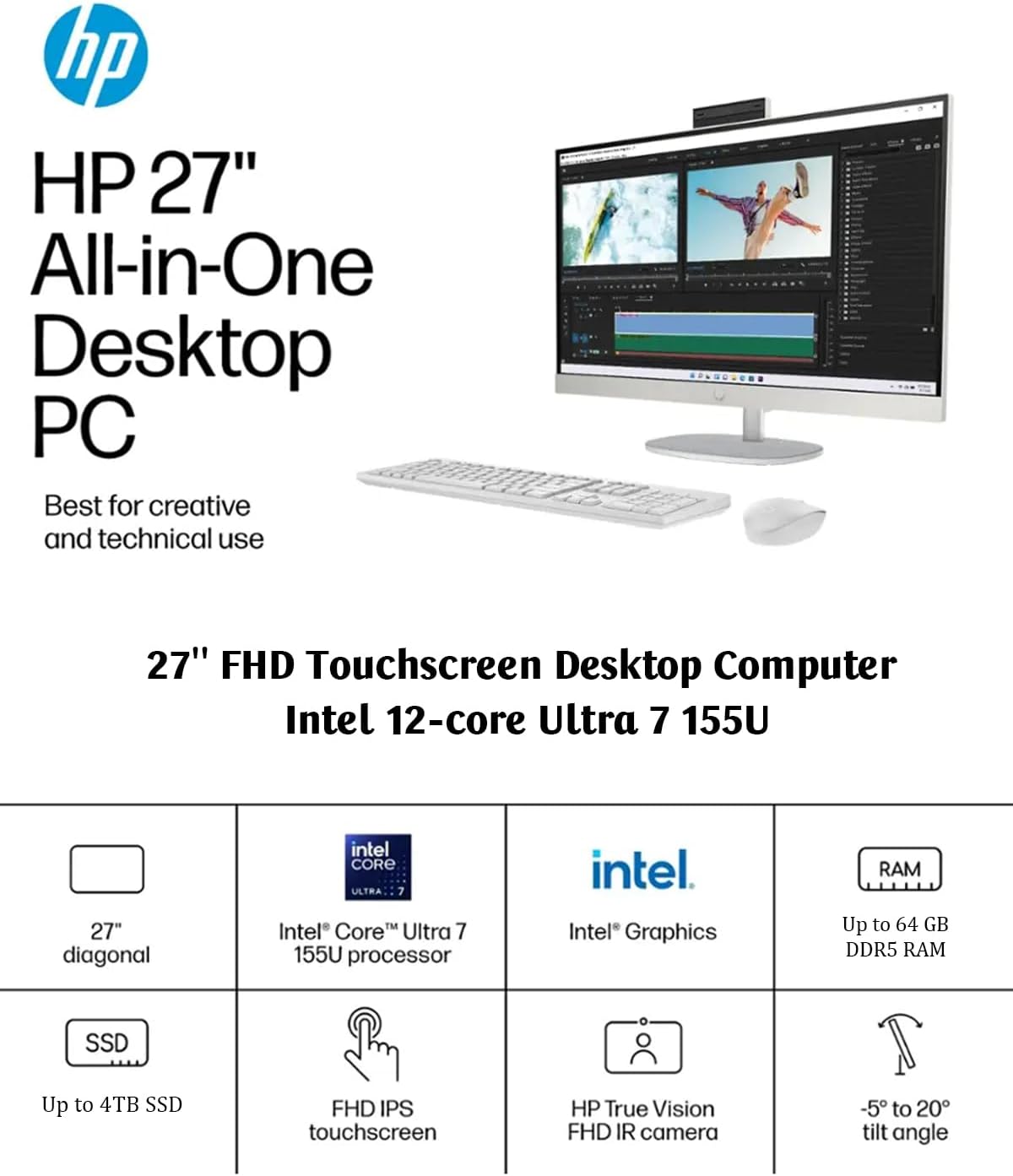HP All-in-One Desktop - 27'' FHD Touchscreen Computer, Windows 11 Pro, Intel 12-core Ultra 7 155U(Beats i7-1355U), Wi-Fi 6, Bluetooth, Adjustable Height, Anti-Glare (64GB RAM | 1TB SSD)