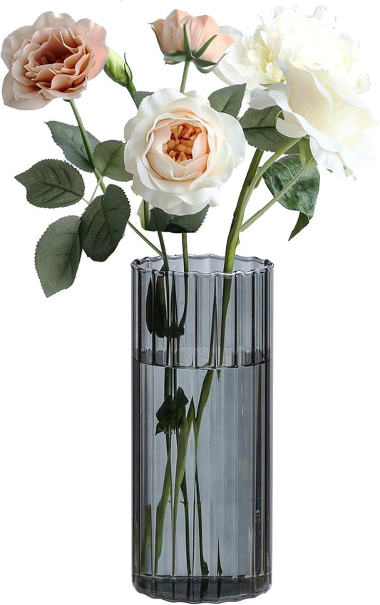 ComSaf Glass Cylinder Vases, Bud Vase for Centerpieces, 8 Inch Tall Ribbed Vase Hurricane Floating Candle Holder, Decorative Flower Vases for Wedding Reception, Home Decor, Housewarming Gift (Grey)