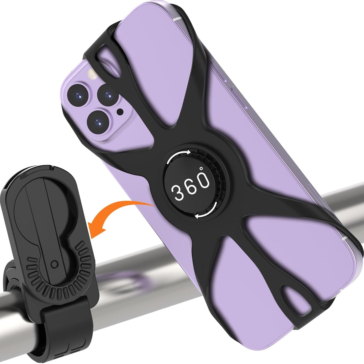 Bike Phone Holder, Motorcycle Cell Phone Mount- 360° Rotatable, Silicone Bicycle Phone Mount for Motorcycle Bicycle Scooter, for 15 Pro Max / 14/13, S10 and More 4.7-6.8" Phone"
