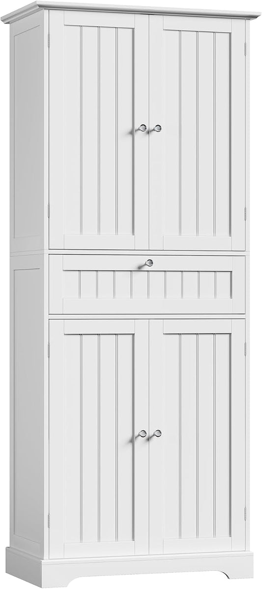 ChooChoo 72" H Tall Bathroom Floor Cabinet, Modern Bathroom Storage Cabinet with Drawer and Adjustable Shelves, Freestanding Kitchen Pantry Cupboard with 4 Doors for Living Room, White