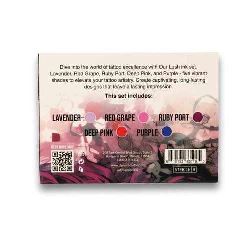 Dynamic Color Co- Lush Color Tattoo Ink Set: 5 Luxurious 1 oz Bottles - Lavender, Red Grape, Ruby Port, Deep Pink, Purple. Platinum Collection, Reach Compliant, Crafted in Spain