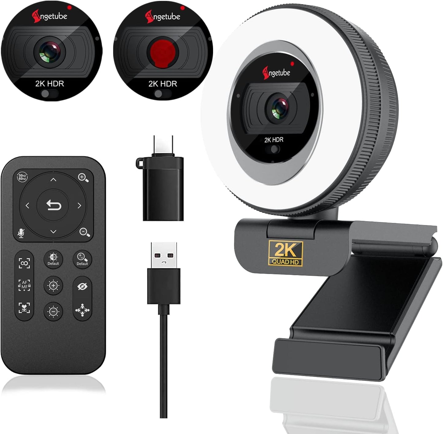 Angetube Webcam, 2K Streaming Webcam with Ring Light, HDR Laptop Camera with Remote, Dual Stereo Microphone and Privacy Cover, Auto Focus 5X Zoom in, Computer Camera for Zoom/Skype/Teams/Webex