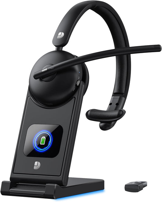 Wireless Headset with Mic for Work, Wireless Headset with Microphone (Noise Cancelling), Smart Mult-Func Dock, 65H Worktime&Fast Charge Bluetooth Headphones for Work/PC/Computer/Call Center/Teams/Zoom