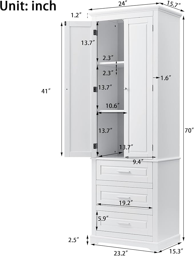 Polibi Tall Storage Cabinet with 3 Drawers, 3-Tier Adjustable Shelves & 2 Doors, Floor Freestanding Linen Cabinet for Bathroom, Living Room (White)