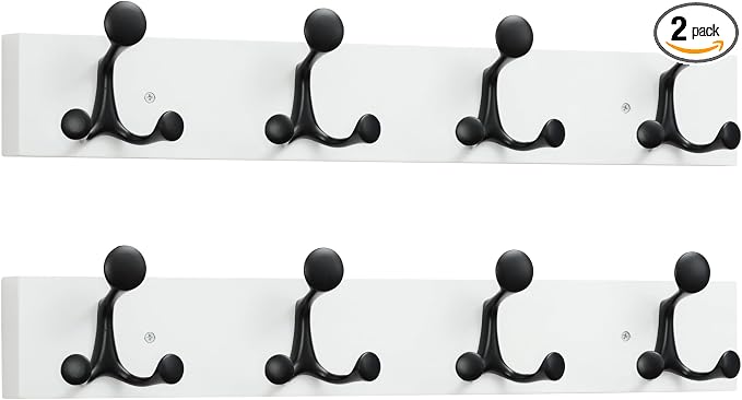 SKOLOO 24-Inch White Wood Coat Rack Wall Mount with 4 Triple Hooks - Ideal for Family Entrances, Classrooms, and Pet Supplies Storage - Perfect Coat Hooks for Wall, Pack of 2