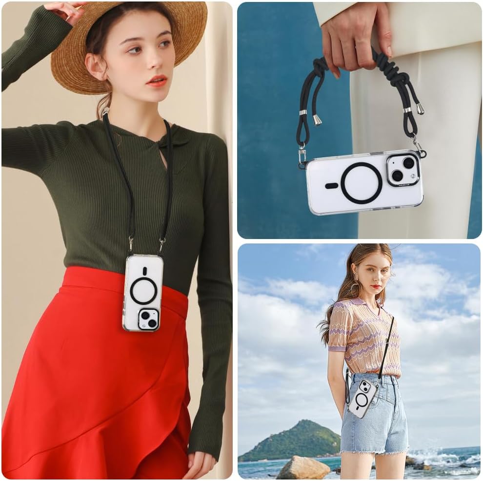 for iPhone 13/14 Case with 62.99 inch Lanyard, Classic Clear&Black Magnetic Phone Case, Drop&Shockproof Protection Cases, Phone Lanyard for Around The Neck, Compatible with Magnet Accessory