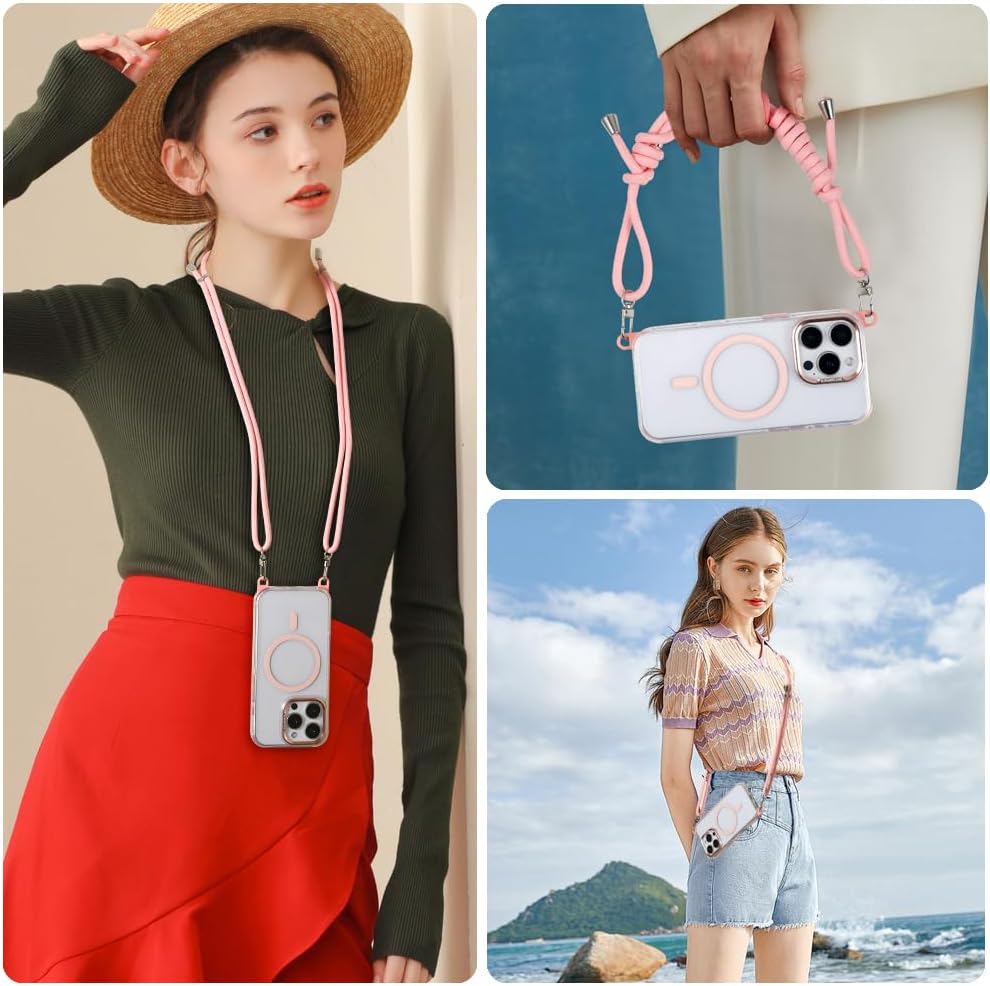 for iPhone 15 Pro Max Case with 62.99 inch Lanyard, Classic Clear&Pink Magnetic Phone Case, Drop&Shockproof Protection Cases, Phone Holder Lanyard, Compatible with Magnet Accessory