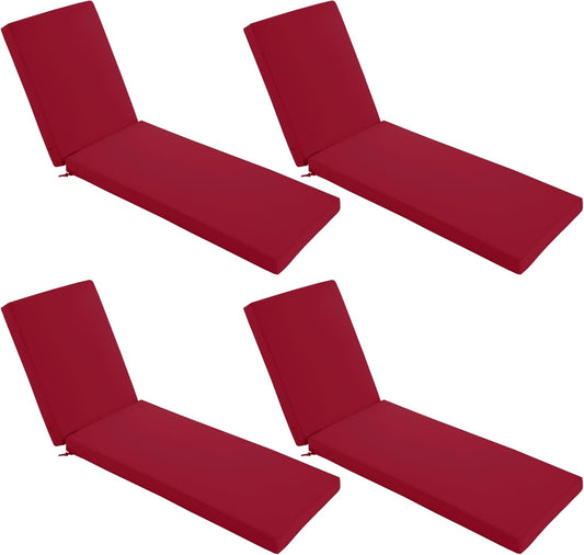 Chaise Lounge Cushions Outdoor Set of 4 - Waterproof and Fade Resistant Sun Lounger Replacement Cushions - Patio Lounger Pads with Removable Cover for Pool, Deck, Lawn, 72 x 21 x 3 Inch, Red