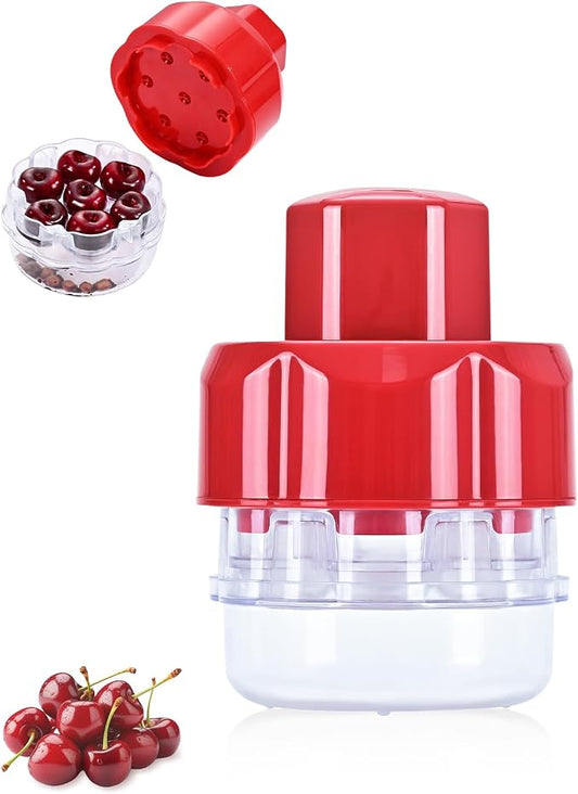 Cherry Pitter Tool, Red, Bulk Cherry Seed Remover with Clear Collection Container, 5.9x4.5x4.5 Inches